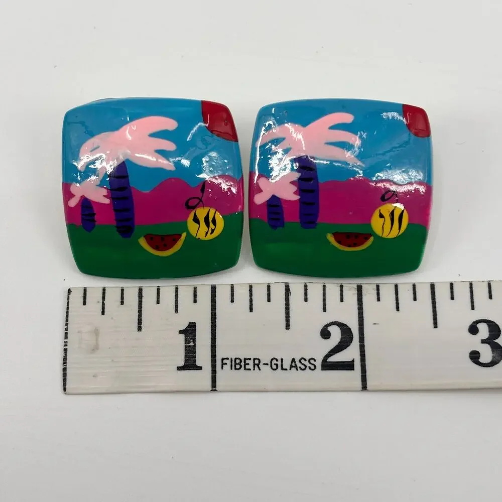 Hand-Painted Square Earrings – Tropical Scene, Pink Palm‎ Trees, Folk Art Style